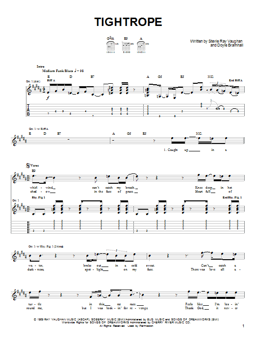 Stevie Ray Vaughan Tightrope sheet music preview music notes and score for Easy Guitar Tab including 4 page(s)