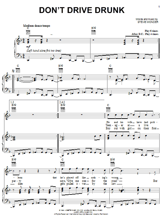 Learn to play Stevie Wonder Don't Drive Drunk sheet music for Piano, Vocal & Guitar (Right-Hand Melody) in minutes. Stevie Wonder Don't Drive Drunk sheet music preview music notes and score for Piano, Vocal & Guitar (Right-Hand Melody) including 5 page(s)