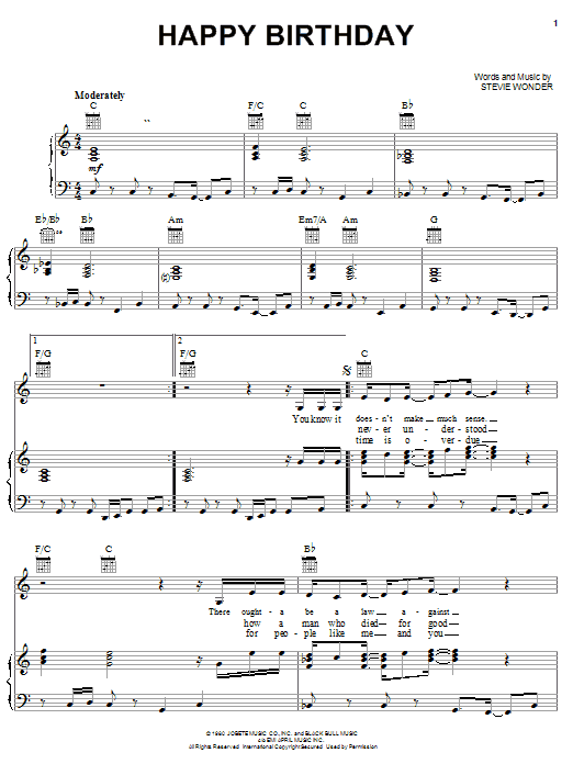 Stevie Wonder Happy Birthday sheet music preview music notes and score for Piano, Vocal & Guitar (Right-Hand Melody) including 6 page(s)
