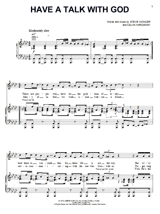 Learn to play Stevie Wonder Have A Talk With God sheet music for Piano, Vocal & Guitar (Right-Hand Melody) in minutes. Stevie Wonder Have A Talk With God sheet music preview music notes and score for Piano, Vocal & Guitar (Right-Hand Melody) including 3 page(s)
