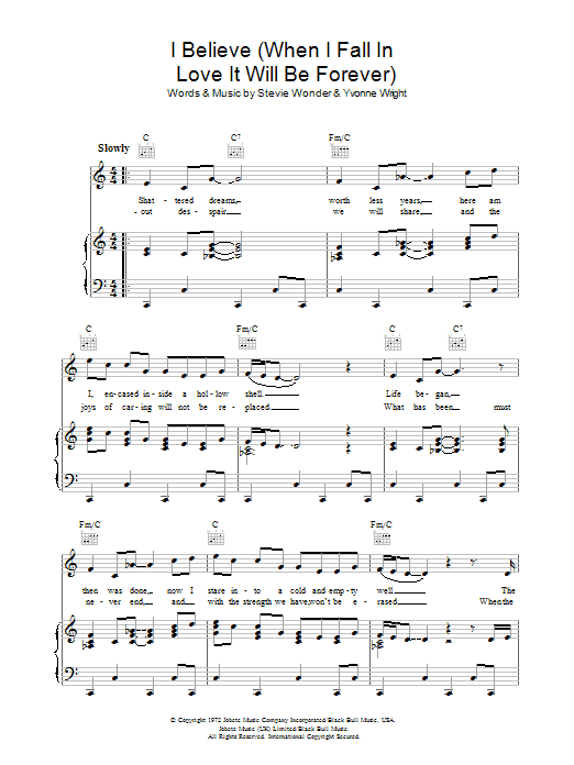Stevie Wonder I Believe (When I Fall In Love It Will Be Forever) sheet music preview music notes and score for Piano, Vocal & Guitar (Right-Hand Melody) including 3 page(s)