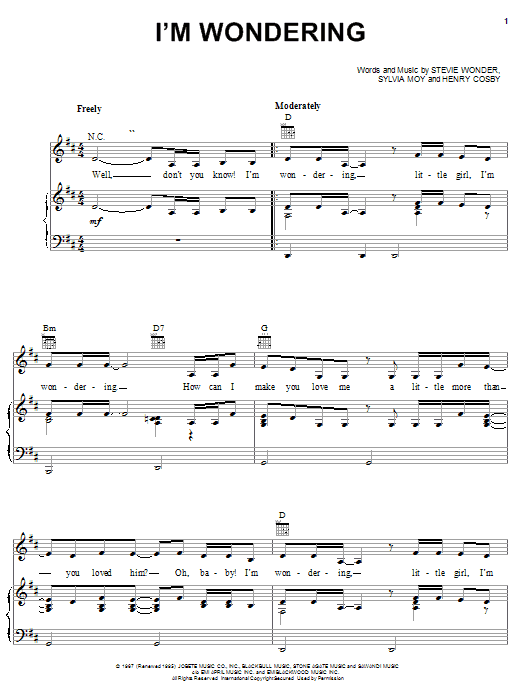 Learn to play Stevie Wonder I'm Wondering sheet music for Piano, Vocal & Guitar (Right-Hand Melody) in minutes. Stevie Wonder I'm Wondering sheet music preview music notes and score for Piano, Vocal & Guitar (Right-Hand Melody) including 4 page(s)