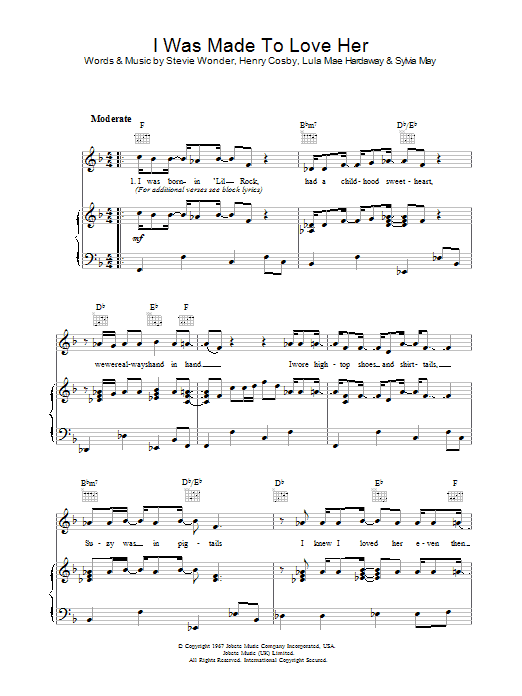 Stevie Wonder I Was Made To Love Her sheet music preview music notes and score for Piano, Vocal & Guitar (Right-Hand Melody) including 3 page(s)