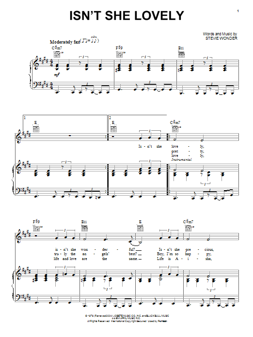 Learn to play Stevie Wonder Isn't She Lovely sheet music for Piano, Vocal & Guitar (Right-Hand Melody) in minutes. Stevie Wonder Isn't She Lovely sheet music preview music notes and score for Piano, Vocal & Guitar (Right-Hand Melody) including 2 page(s)