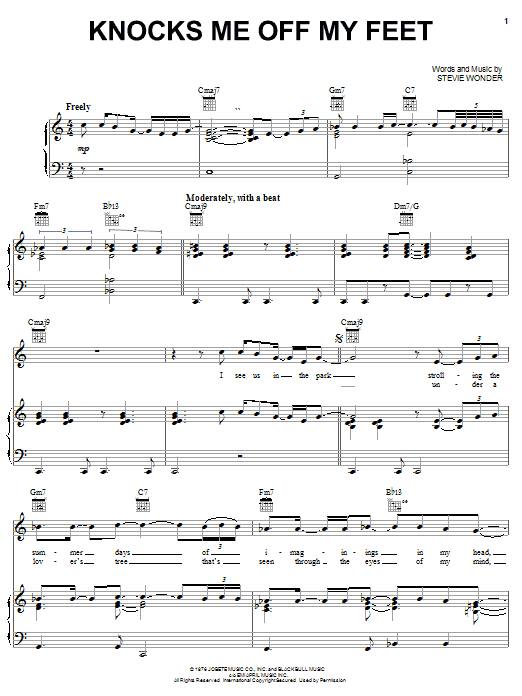 Learn to play Stevie Wonder Knocks Me Off My Feet sheet music for Piano, Vocal & Guitar (Right-Hand Melody) in minutes. Stevie Wonder Knocks Me Off My Feet sheet music preview music notes and score for Piano, Vocal & Guitar (Right-Hand Melody) including 4 page(s)