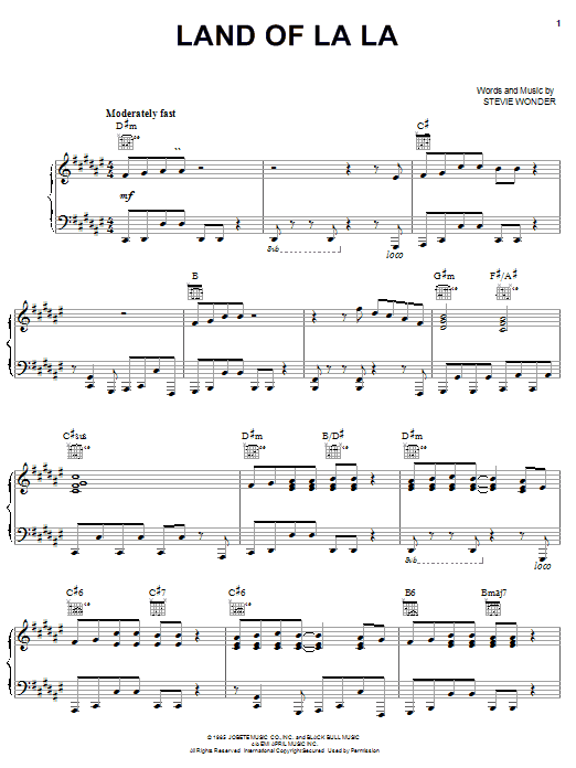 Learn to play Stevie Wonder Land Of La La sheet music for Piano, Vocal & Guitar (Right-Hand Melody) in minutes. Stevie Wonder Land Of La La sheet music preview music notes and score for Piano, Vocal & Guitar (Right-Hand Melody) including 7 page(s)