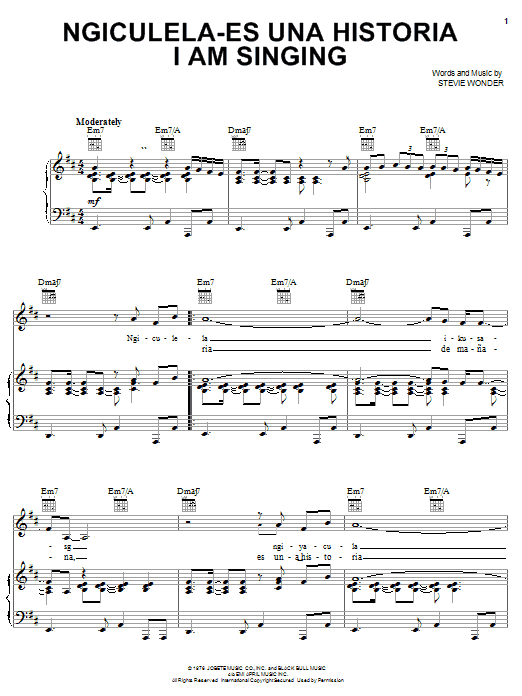 Stevie Wonder Ngiculela-Es Una Historia I Am Singing sheet music preview music notes and score for Piano, Vocal & Guitar (Right-Hand Melody) including 6 page(s)