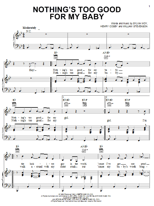 Learn to play Stevie Wonder Nothing's Too Good For My Baby sheet music for Piano, Vocal & Guitar (Right-Hand Melody) in minutes. Stevie Wonder Nothing's Too Good For My Baby sheet music preview music notes and score for Piano, Vocal & Guitar (Right-Hand Melody) including 5 page(s)