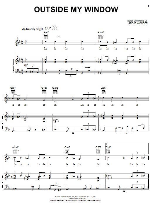 Learn to play Stevie Wonder Outside My Window sheet music for Piano, Vocal & Guitar (Right-Hand Melody) in minutes. Stevie Wonder Outside My Window sheet music preview music notes and score for Piano, Vocal & Guitar (Right-Hand Melody) including 5 page(s)