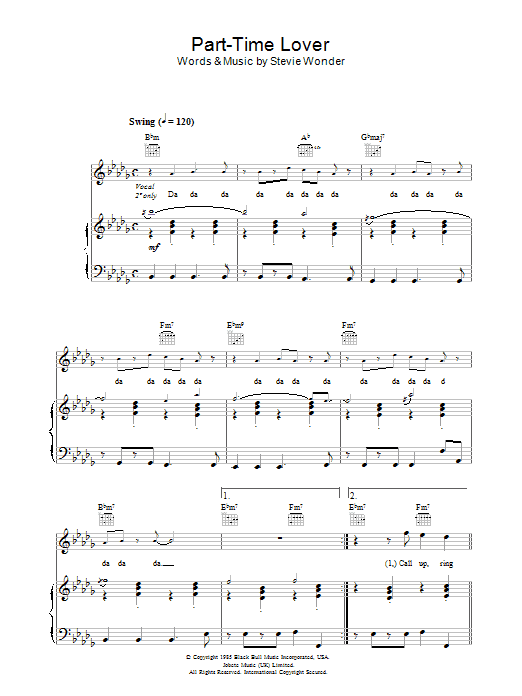 Learn to play Stevie Wonder Part-Time Lover sheet music for Piano, Vocal & Guitar in minutes. Stevie Wonder Part-Time Lover sheet music preview music notes and score for Piano, Vocal & Guitar including 6 page(s)