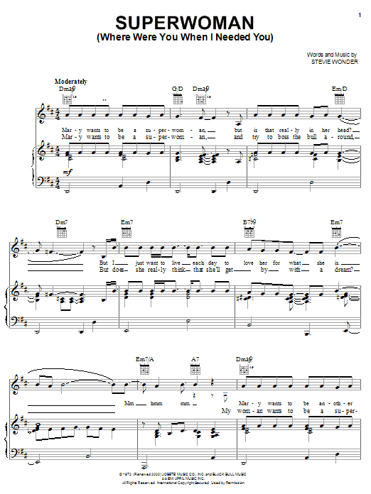 Stevie Wonder Superwoman (Where Were You When I Needed You) sheet music preview music notes and score for Piano, Vocal & Guitar (Right-Hand Melody) including 8 page(s)