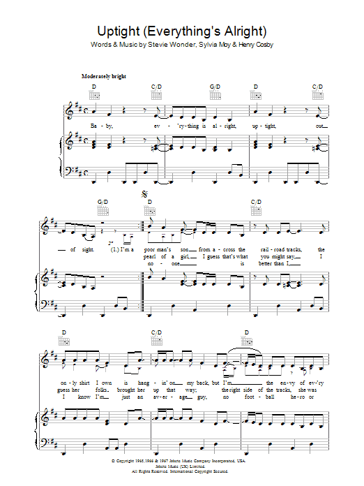 Stevie Wonder Uptight (Everything's Alright) sheet music preview music notes and score for Piano, Vocal & Guitar (Right-Hand Melody) including 3 page(s)