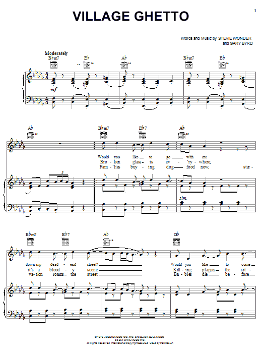 Stevie Wonder Village Ghetto sheet music preview music notes and score for Piano, Vocal & Guitar (Right-Hand Melody) including 3 page(s)