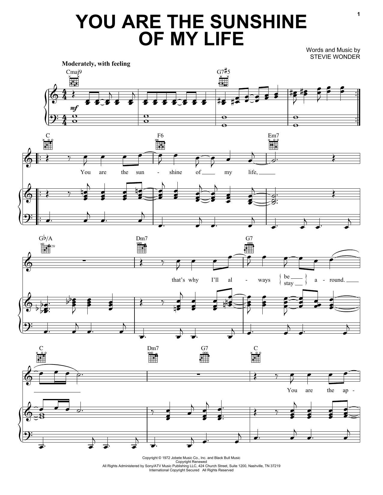 Stevie Wonder You Are The Sunshine Of My Life sheet music preview music notes and score for Piano, Vocal & Guitar (Right-Hand Melody) including 3 page(s)