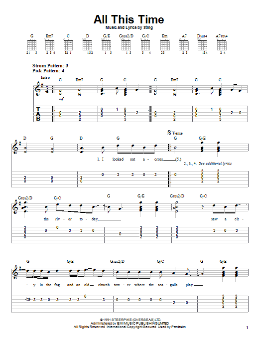 Sting All This Time sheet music preview music notes and score for Lyrics & Chords including 3 page(s)