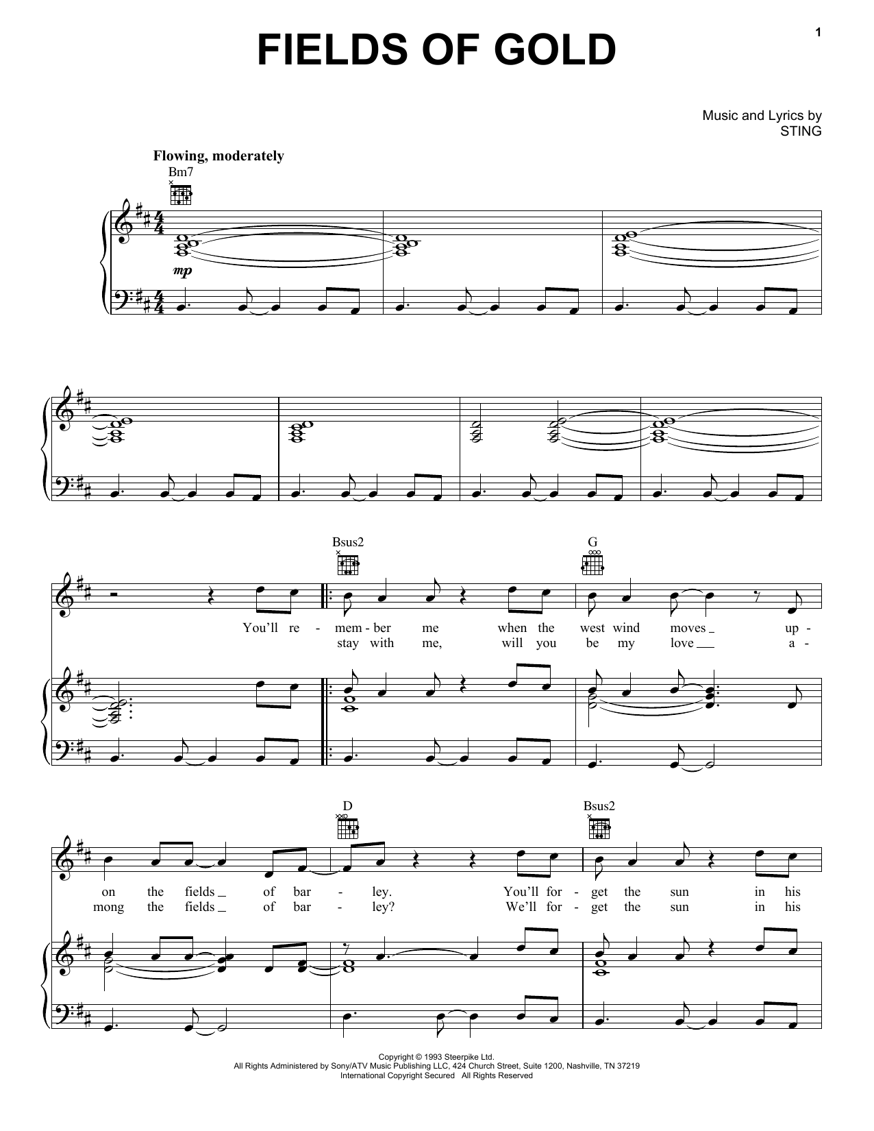 Sting Fields Of Gold sheet music preview music notes and score for Piano, Vocal & Guitar (Right-Hand Melody) including 5 page(s)