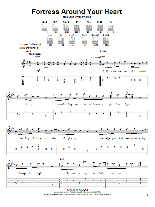 Learn to play Sting Fortress Around Your Heart sheet music for Easy Guitar Tab in minutes. Sting Fortress Around Your Heart sheet music preview music notes and score for Easy Guitar Tab including 5 page(s)