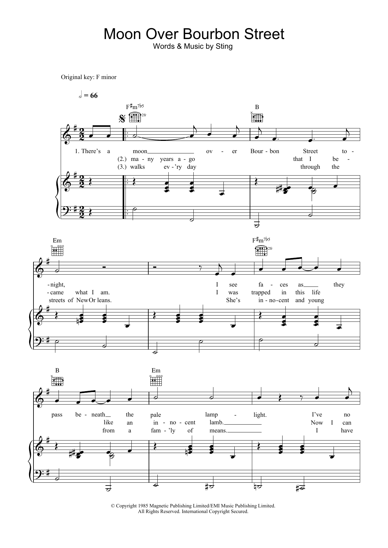 Sting Moon Over Bourbon Street sheet music preview music notes and score for Piano, Vocal & Guitar including 5 page(s)