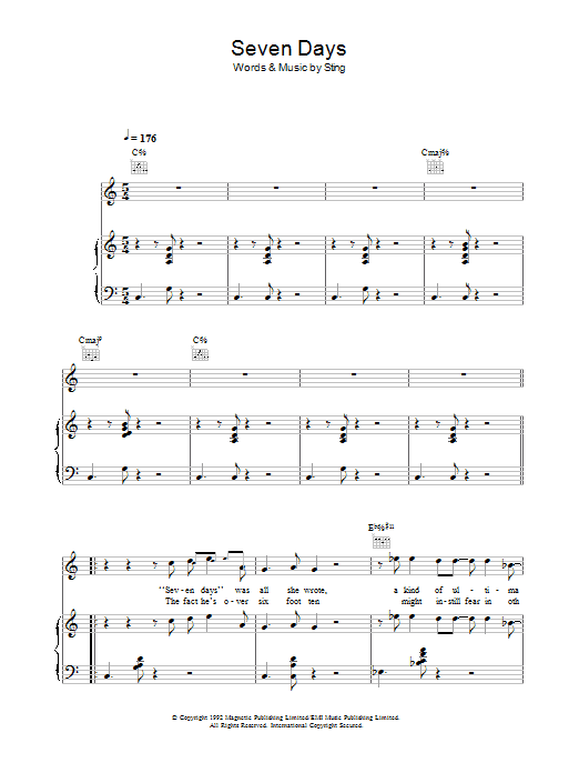 Sting Seven Days sheet music preview music notes and score for Piano, Vocal & Guitar (Right-Hand Melody) including 9 page(s)