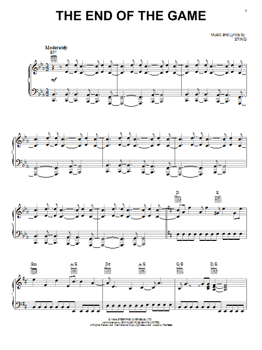 Learn to play Sting The End Of The Game sheet music for Piano, Vocal & Guitar (Right-Hand Melody) in minutes. Sting The End Of The Game sheet music preview music notes and score for Piano, Vocal & Guitar (Right-Hand Melody) including 10 page(s)