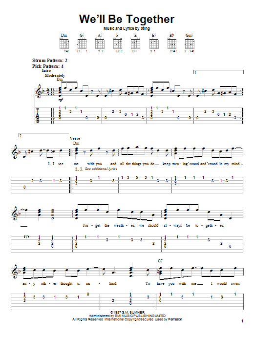 Sting We'll Be Together sheet music preview music notes and score for Easy Guitar Tab including 3 page(s)
