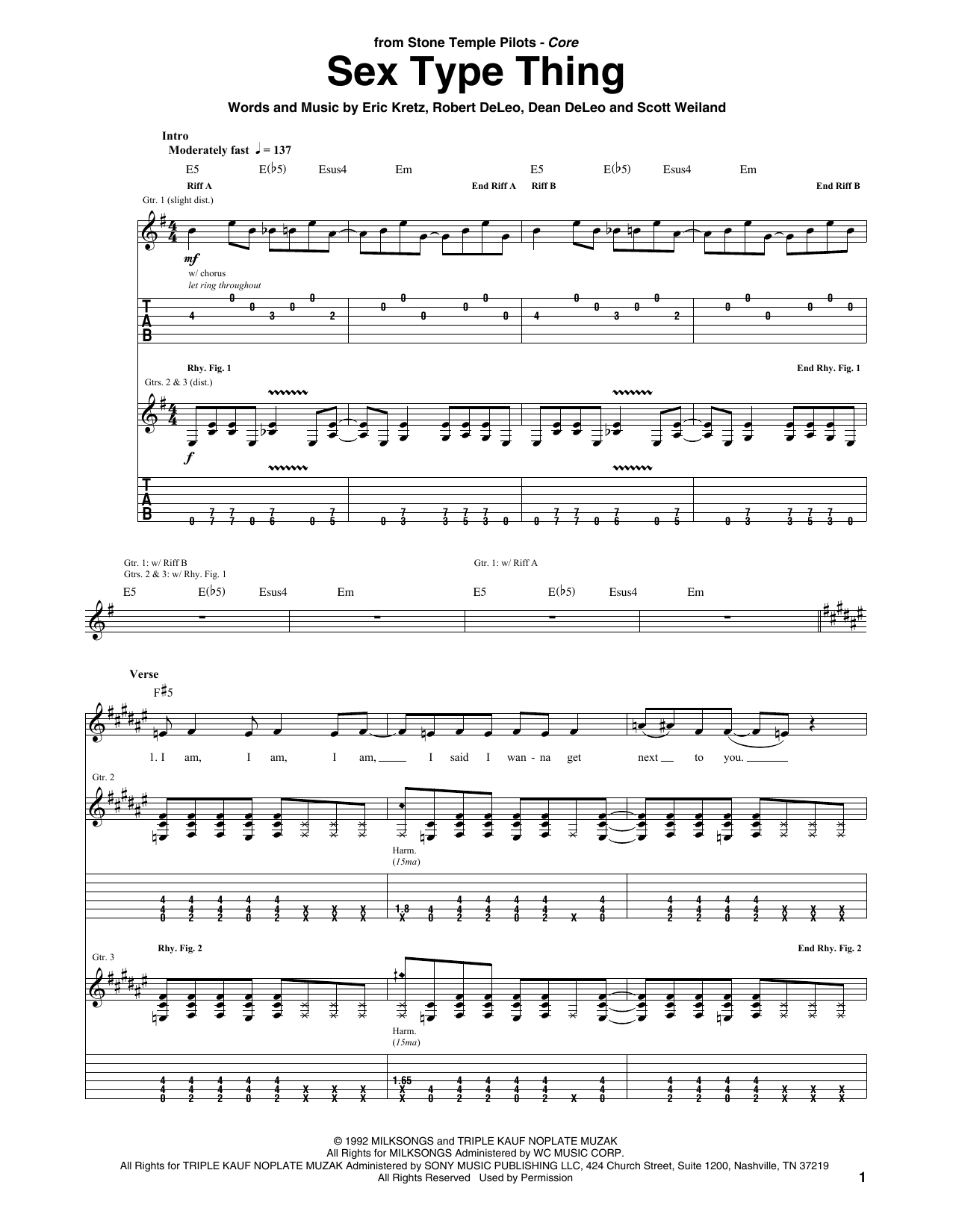 Stone Temple Pilots Sex Type Thing sheet music, chords, lyrics - Printable PDF for Guitar Tab