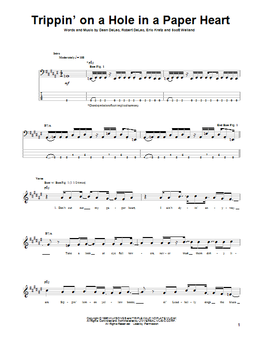 Learn to play Stone Temple Pilots Trippin' On A Hole In A Paper Heart sheet music for Bass Guitar Tab in minutes. Stone Temple Pilots Trippin' On A Hole In A Paper Heart sheet music preview music notes and score for Bass Guitar Tab including 5 page(s)