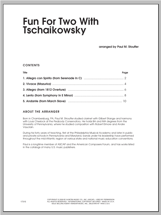 Learn to play Stouffer Fun For Two With Tschaikowsky - Horn Duet sheet music for Brass Ensemble in minutes. Stouffer Fun For Two With Tschaikowsky - Horn Duet sheet music preview music notes and score for Brass Ensemble including 11 page(s)