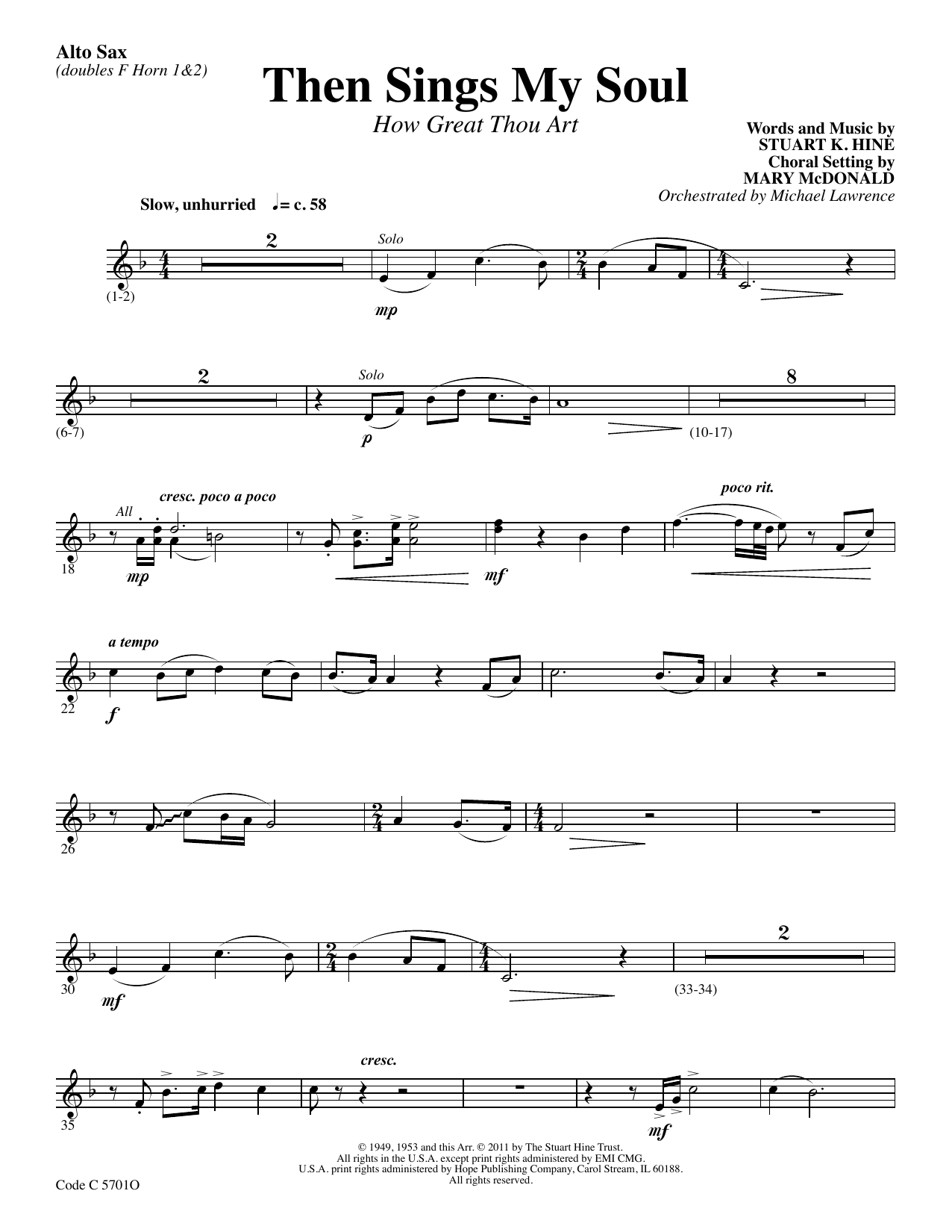 Learn to play Stuart K. Hine Then Sings My Soul (How Great Thou Art) - Alto Sax sheet music for Choir Instrumental Pak in minutes. Stuart K. Hine Then Sings My Soul (How Great Thou Art) - Alto Sax sheet music preview music notes and score for Choir Instrumental Pak including 2 page(s)