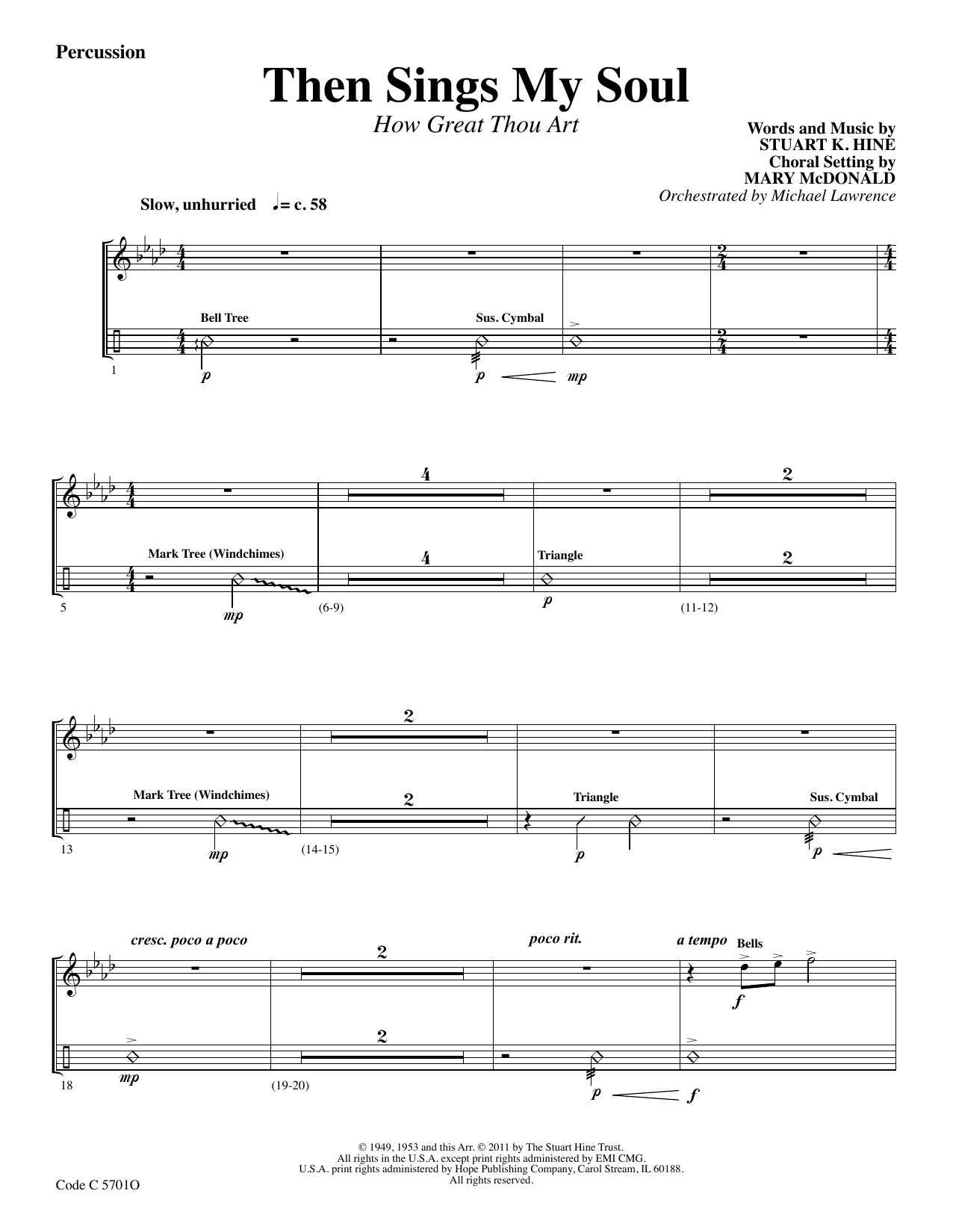 Learn to play Stuart K. Hine Then Sings My Soul (How Great Thou Art) - Percussion sheet music for Choir Instrumental Pak in minutes. Stuart K. Hine Then Sings My Soul (How Great Thou Art) - Percussion sheet music preview music notes and score for Choir Instrumental Pak including 3 page(s)