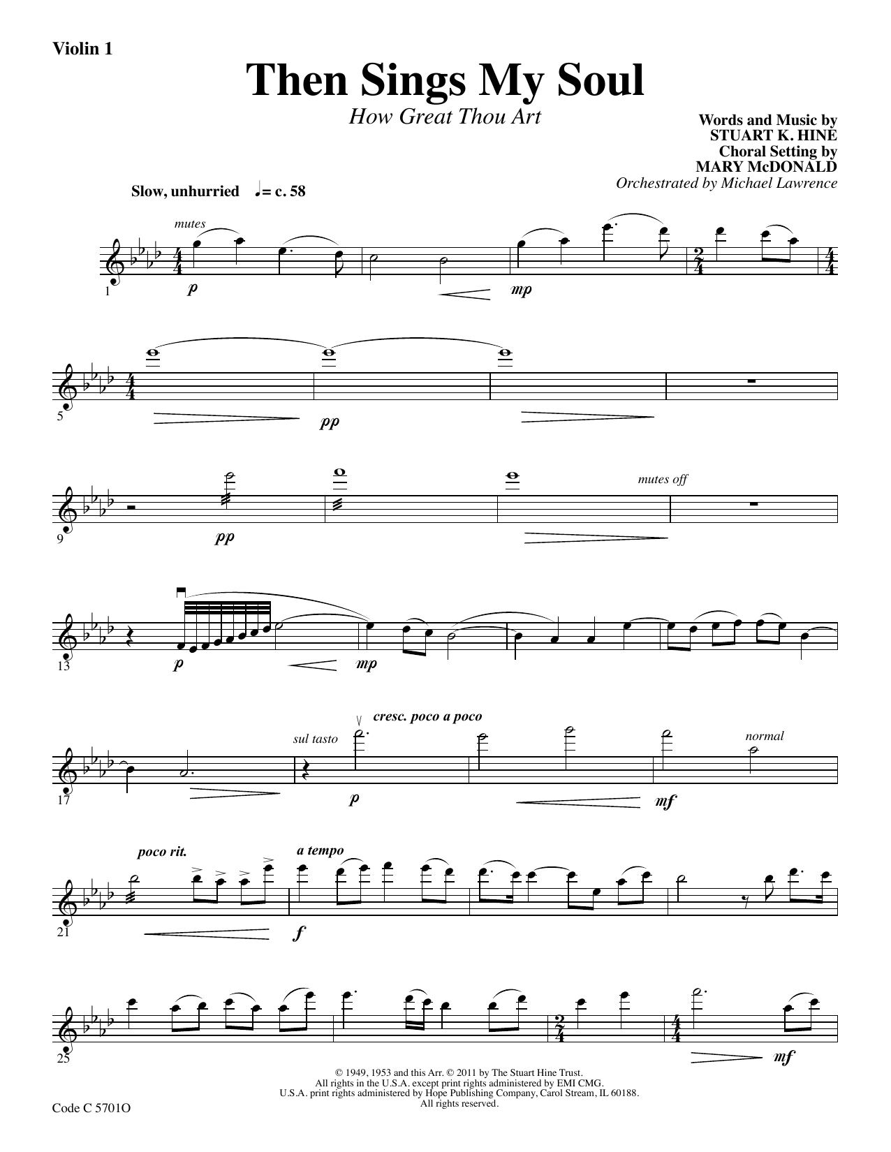 Learn to play Stuart K. Hine Then Sings My Soul (How Great Thou Art) - Violin 1 sheet music for Choir Instrumental Pak in minutes. Stuart K. Hine Then Sings My Soul (How Great Thou Art) - Violin 1 sheet music preview music notes and score for Choir Instrumental Pak including 2 page(s)