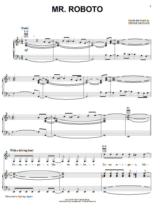 Learn to play Styx Mr. Roboto sheet music for Piano, Vocal & Guitar (Right-Hand Melody) in minutes. Styx Mr. Roboto sheet music preview music notes and score for Piano, Vocal & Guitar (Right-Hand Melody) including 9 page(s)