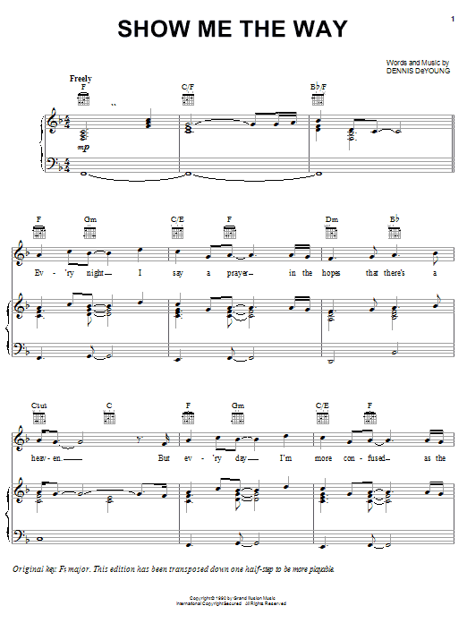 Learn to play Styx Show Me The Way sheet music for Piano, Vocal & Guitar (Right-Hand Melody) in minutes. Styx Show Me The Way sheet music preview music notes and score for Piano, Vocal & Guitar (Right-Hand Melody) including 8 page(s)