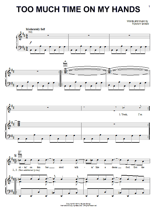Learn to play Styx Too Much Time On My Hands sheet music for Piano, Vocal & Guitar (Right-Hand Melody) in minutes. Styx Too Much Time On My Hands sheet music preview music notes and score for Piano, Vocal & Guitar (Right-Hand Melody) including 7 page(s)