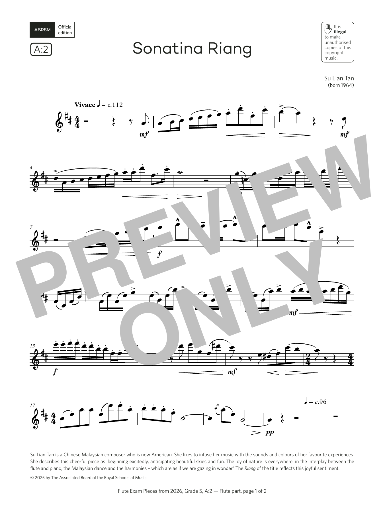 Su Lian Tan Sonatina Riang (Grade 5, list A2, from the ABRSM Flute Syllabus from 2026) sheet music, chords, lyrics - Printable PDF for Flute Solo