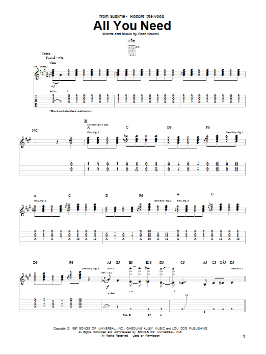 Learn to play Sublime All You Need sheet music for Guitar Tab in minutes. Sublime All You Need sheet music preview music notes and score for Guitar Tab including 8 page(s)