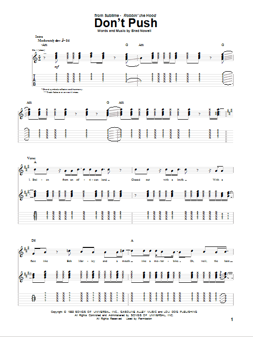Sublime Don't Push sheet music preview music notes and score for Guitar Tab including 5 page(s)