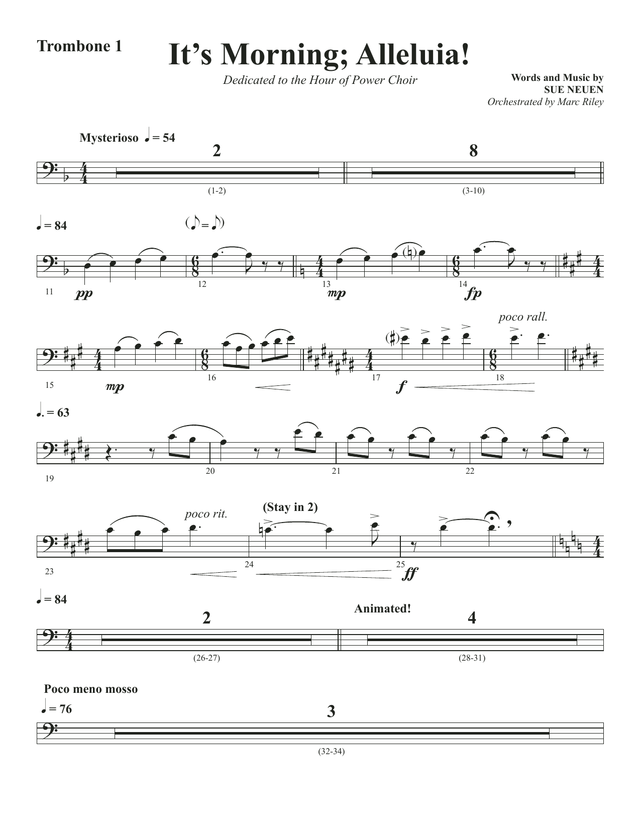 Sue Neuen It's Morning; Alleluia! - Trombone 1 sheet music, chords, lyrics - Printable PDF for Choir Instrumental Pak