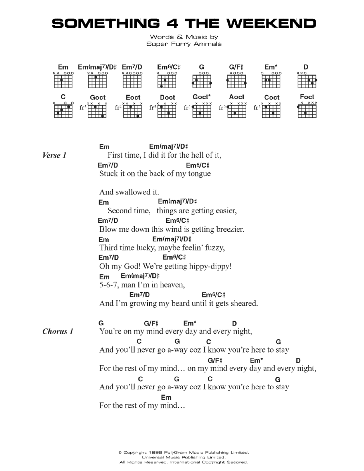 Super Furry Animals Something 4 The Weekend sheet music preview music notes and score for Lyrics & Chords including 2 page(s)