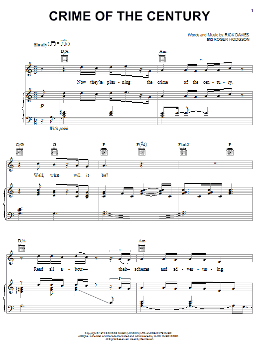 Learn to play Supertramp Crime Of The Century sheet music for Piano, Vocal & Guitar (Right-Hand Melody) in minutes. Supertramp Crime Of The Century sheet music preview music notes and score for Piano, Vocal & Guitar (Right-Hand Melody) including 5 page(s)
