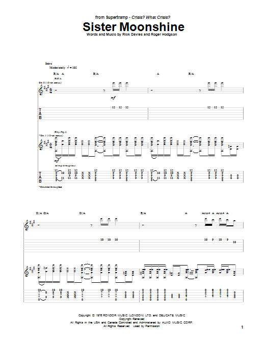 Learn to play Supertramp Sister Moonshine sheet music for Guitar Tab in minutes. Supertramp Sister Moonshine sheet music preview music notes and score for Guitar Tab including 14 page(s)