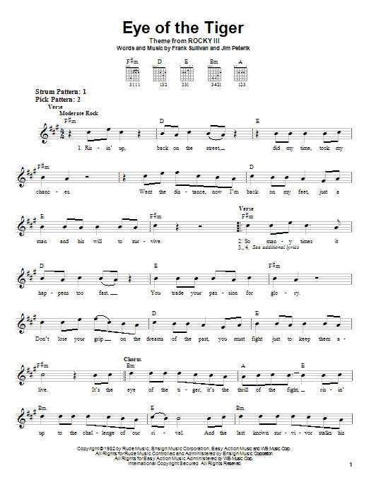 Learn to play Survivor Eye Of The Tiger sheet music for Piano, Vocal & Guitar (Right-Hand Melody) in minutes. Survivor Eye Of The Tiger sheet music preview music notes and score for Piano, Vocal & Guitar (Right-Hand Melody) including 4 page(s)