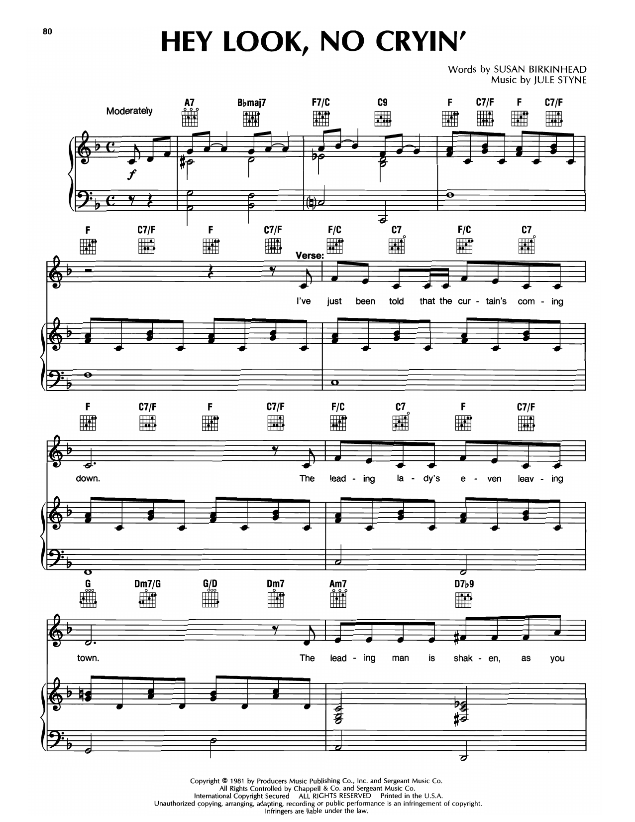 Susan Birkinhead & Jule Styne Hey Look, No Cryin' sheet music, chords, lyrics - Printable PDF for Piano & Vocal