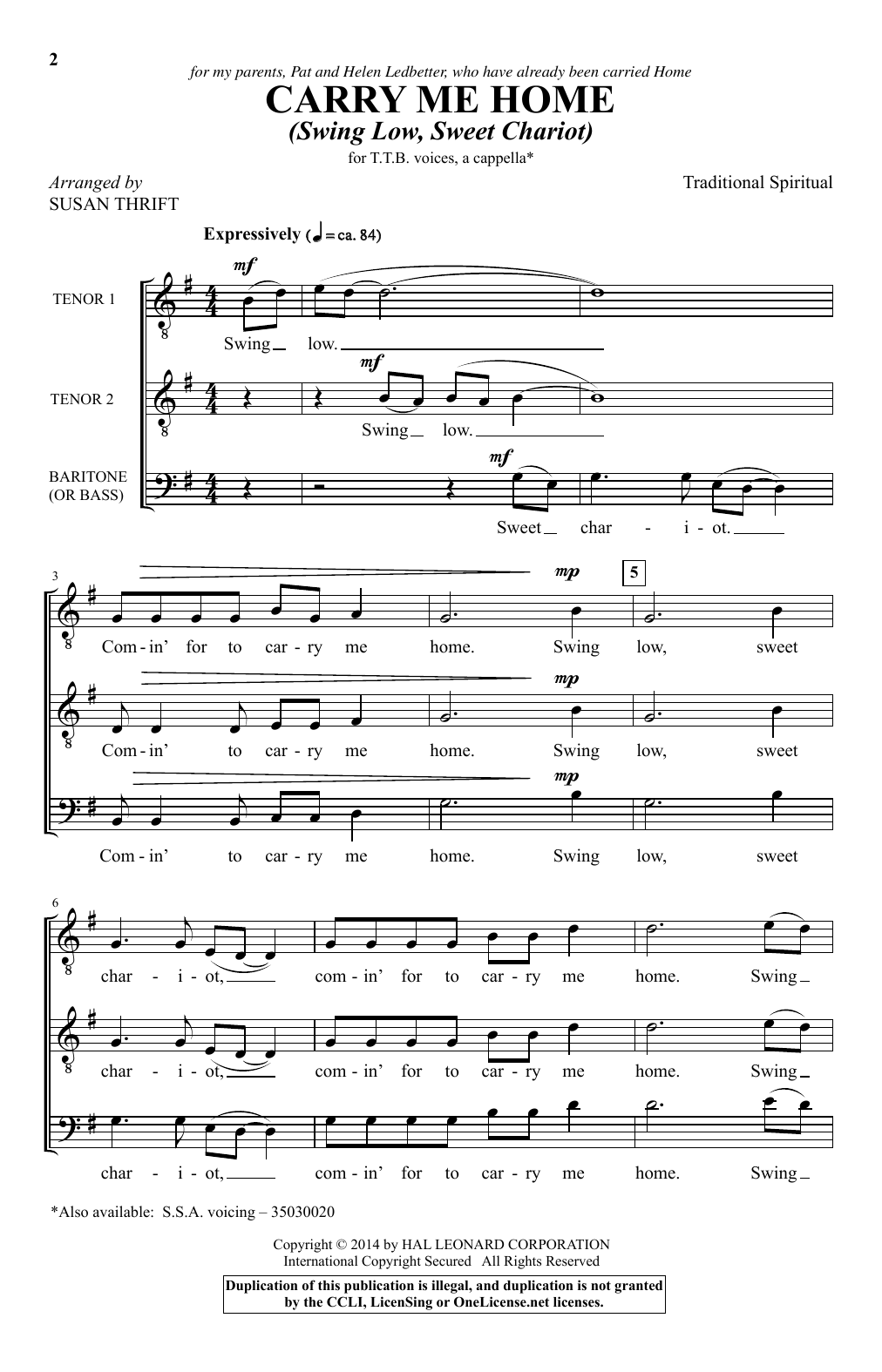 Learn to play African-American Spiritual Carry Me Home (Swing Low, Sweet Chariot) (arr. Susan Thrift) sheet music for Choral TTB in minutes. African-American Spiritual Carry Me Home (Swing Low, Sweet Chariot) (arr. Susan Thrift) sheet music preview music notes and score for Choral TTB including 6 page(s)