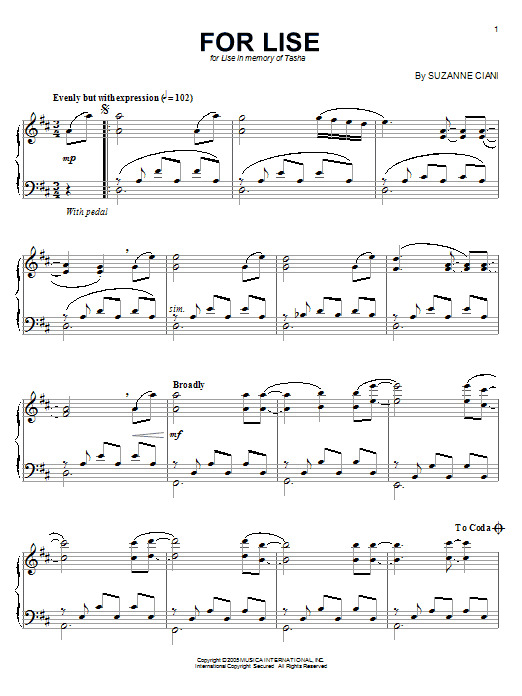 Learn to play Suzanne Ciani For Lise sheet music for Piano in minutes. Suzanne Ciani For Lise sheet music preview music notes and score for Piano including 5 page(s)