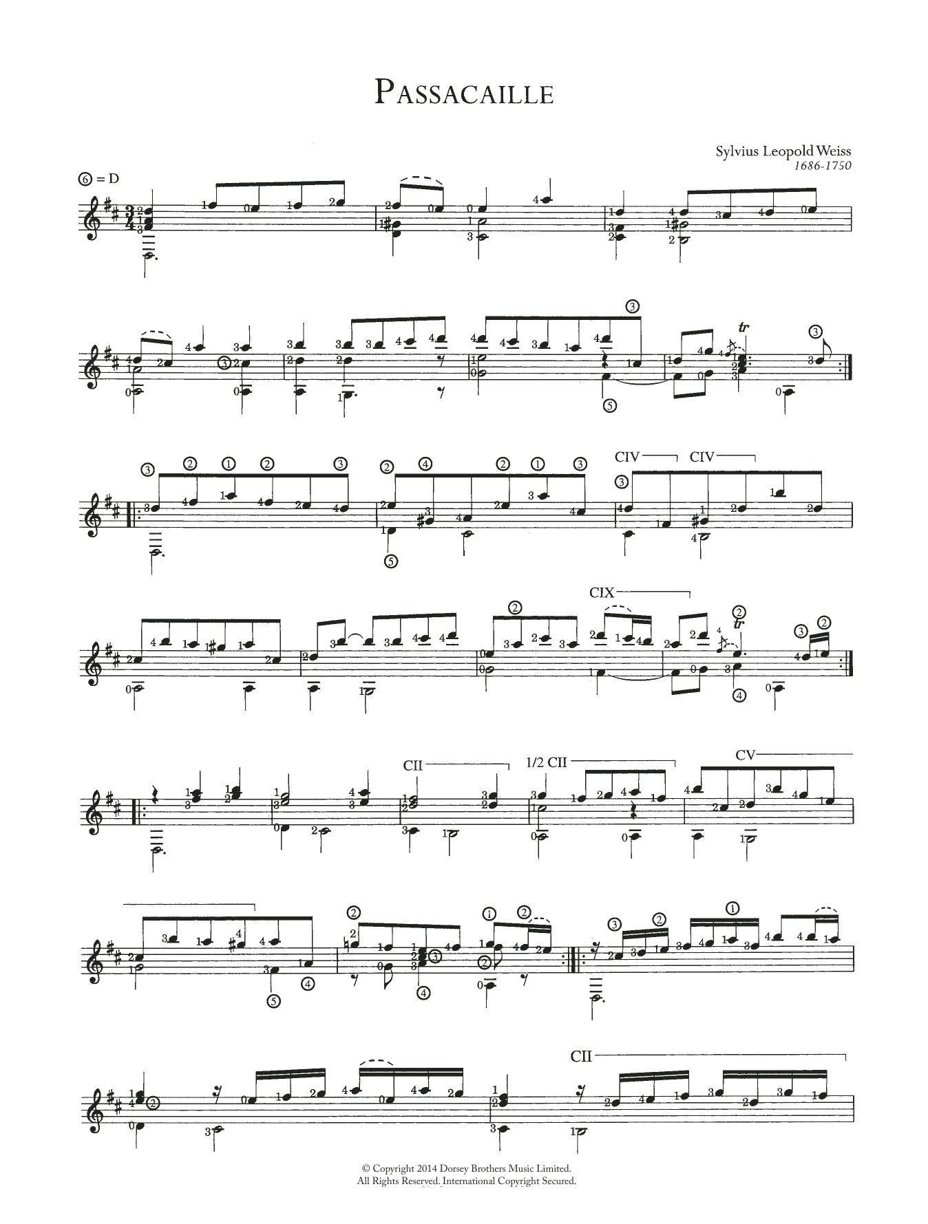 Sylvius Leopold Weiss Passacaille sheet music preview music notes and score for Guitar including 4 page(s)