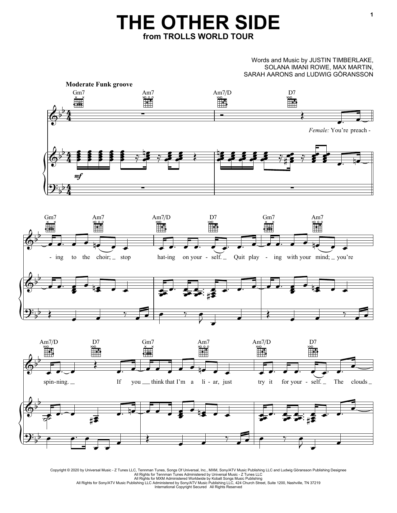 SZA & Justin Timberlake The Other Side (from Trolls World Tour) sheet music, chords, lyrics - Printable PDF for Piano, Vocal & Guitar (Right-Hand Melody)