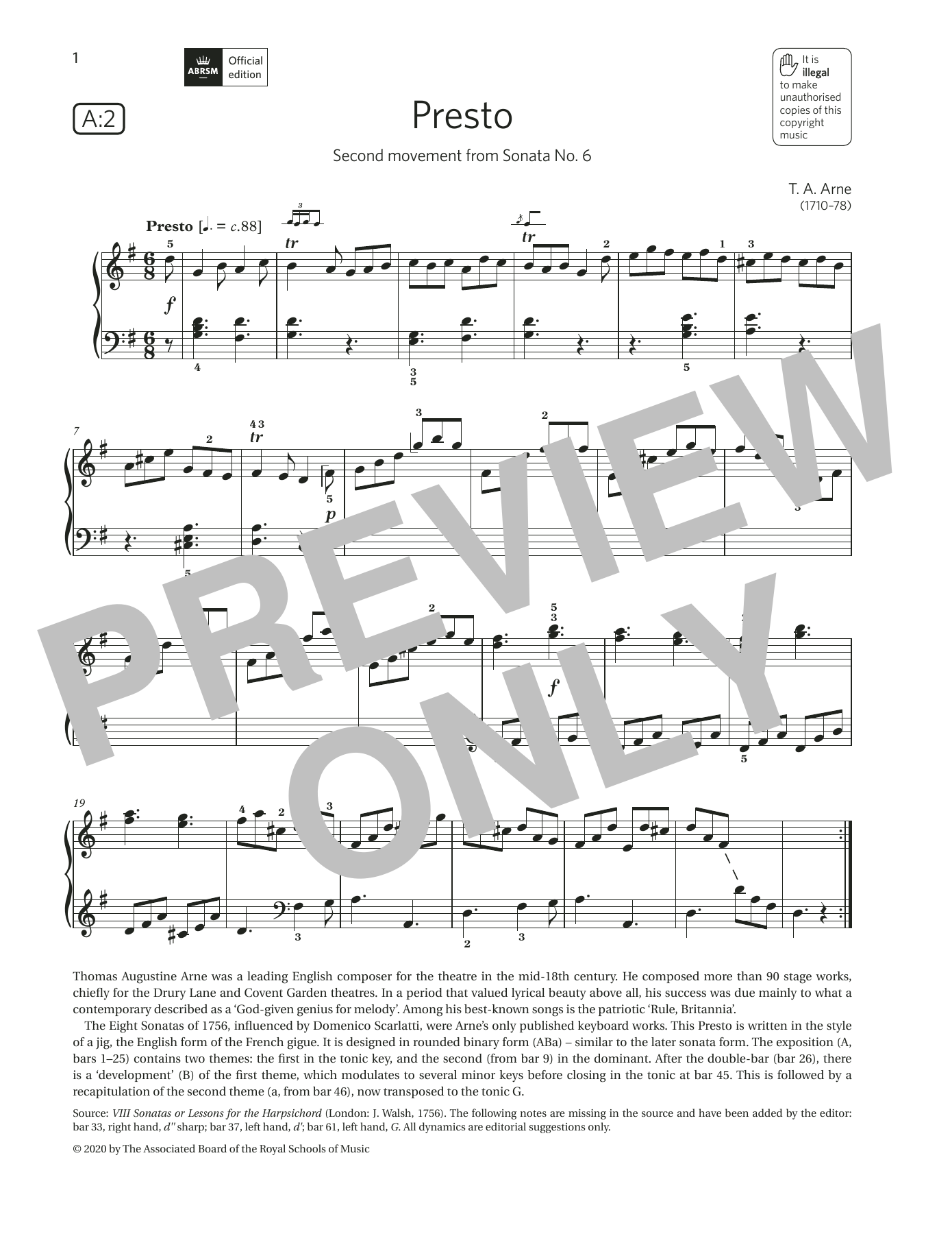 T. A. Arne Presto (Grade 5, list A2, from the ABRSM Piano Syllabus 2021 & 2022) sheet music, chords, lyrics - Printable PDF for Piano Solo