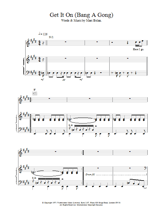 T Rex Get It On (Bang A Gong) sheet music preview music notes and score for Piano, Vocal & Guitar including 8 page(s)