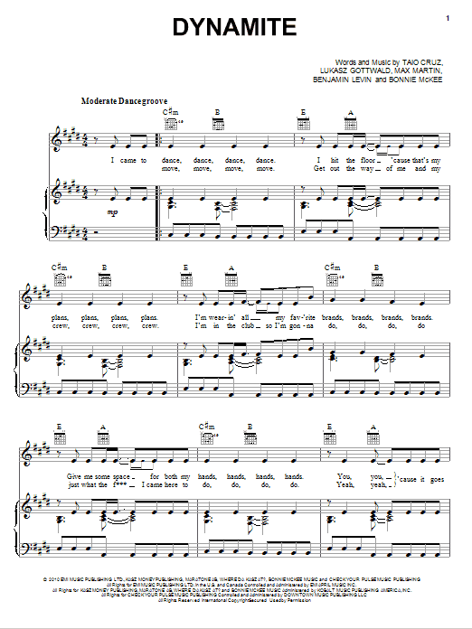 Taio Cruz Dynamite sheet music preview music notes and score for Piano, Vocal & Guitar including 6 page(s)